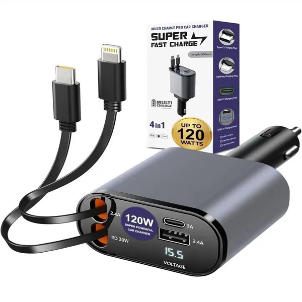 4-in-1 120W Super Fast Car Charger with Multi Charging Cables & Digital Display